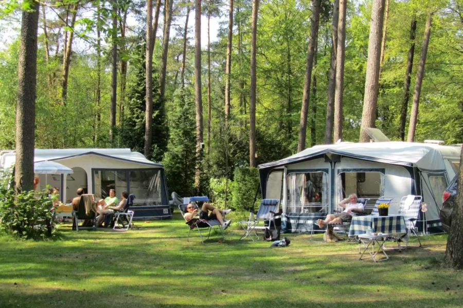 Ruime kampeerplaats met caravan en voortent op Vakantiedorp de Jutberg in Gelderland