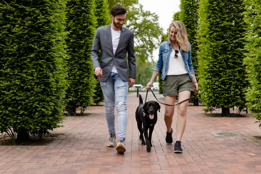Hond yannick en vrouw lopen met hond