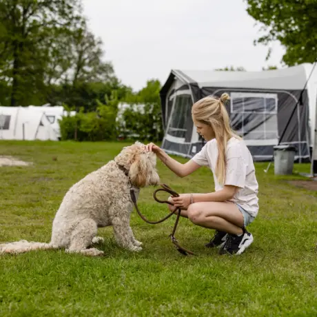 Hond meisje met hond voor caravan