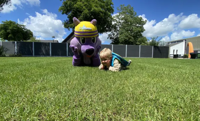 Wollie liggen op gras met kind