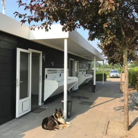 Sanitairgebouw zwart hond