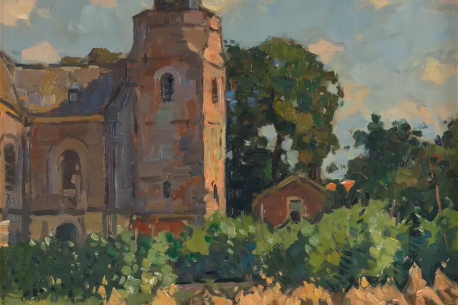 NH Dorpskerk te Nunspeet met korenschoven. Noord-Veluws Museum